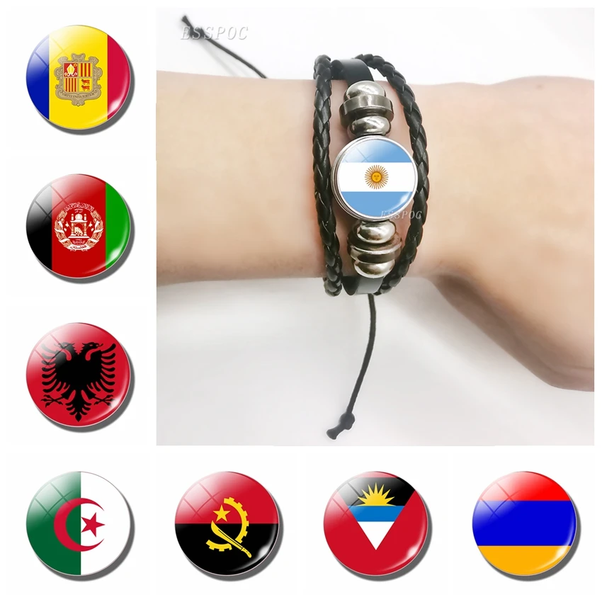 Flag Glass Cabochon Black Multi-layered Braided Bracelets Afghanistan Albania Algeria Andorra Flag Leather Bracelet Travel Gifts