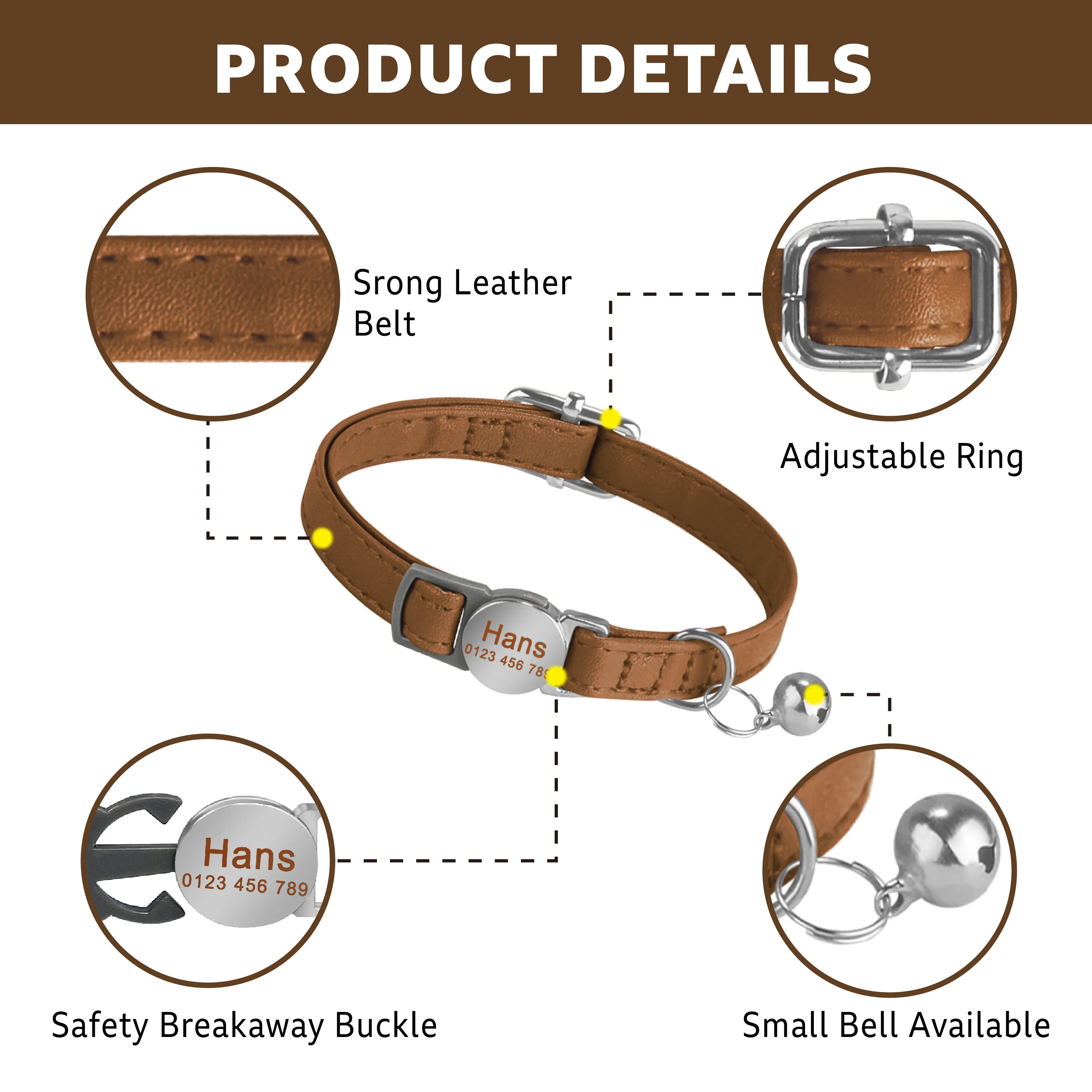 Leather Engraveing Collars With Free Name Bell Pet Anti-lost Cats Accessories Personalized Cat Collar Safety Breakaway