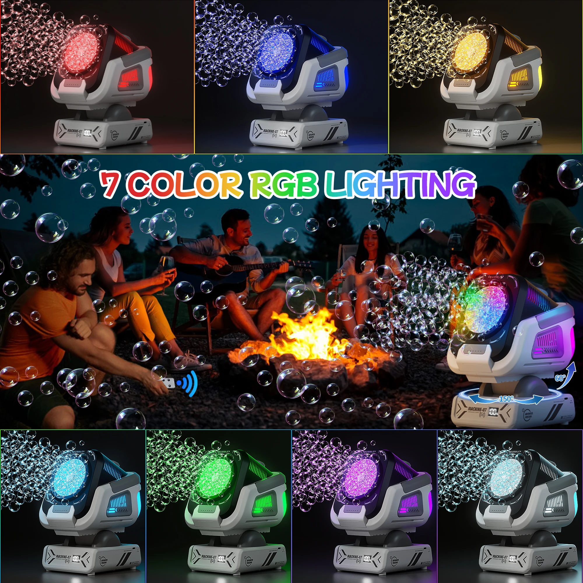 A versão atualizada da máquina de bolhas com controle remoto, rotação automática e luz Rgb, bateria recarregável de 1800mAh, carregamento tipo C, máquina de bolhas adequada para crianças, casamentos, festas de aniversário, atividades ao ar livre, não inclui fluido de bolha