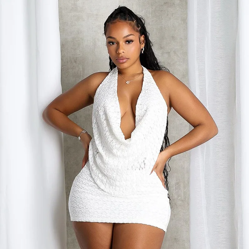 

BKLD Summer Women Clothing Solid Color Lace Swimming Collar Sleeveless Backless Tops Hip Hugging Mini Skirts Two Piece Sets