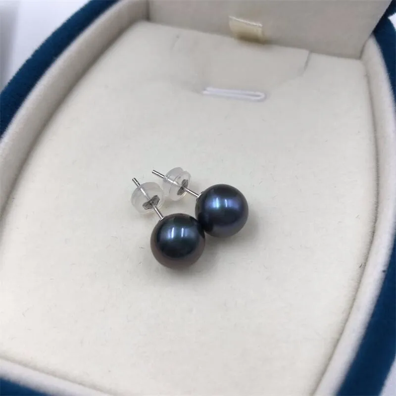 

Natural Pearl Black Peacock Green Pearl Earrings 9-10mm Round 925 Silver