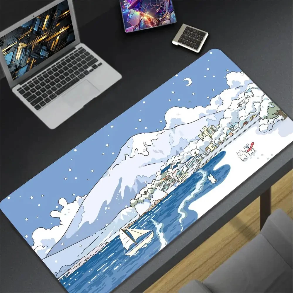 Kawaii Plant Table Mat Large Gaming Mouse Pad Winter White Cute Anime Aesthetic Cozi Lofi Plant Natural Green Extended Table Mat