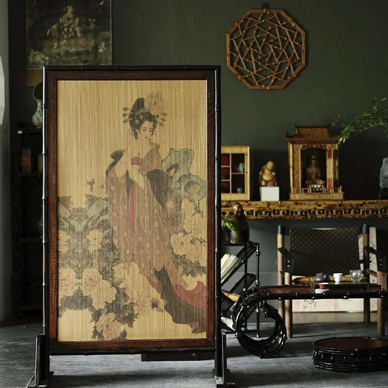 New Chinese Nan Bamboo Screen, Bamboo Silk Mat, Lady Scene, Double-sided Partition Facing the Entrance Door Screen
