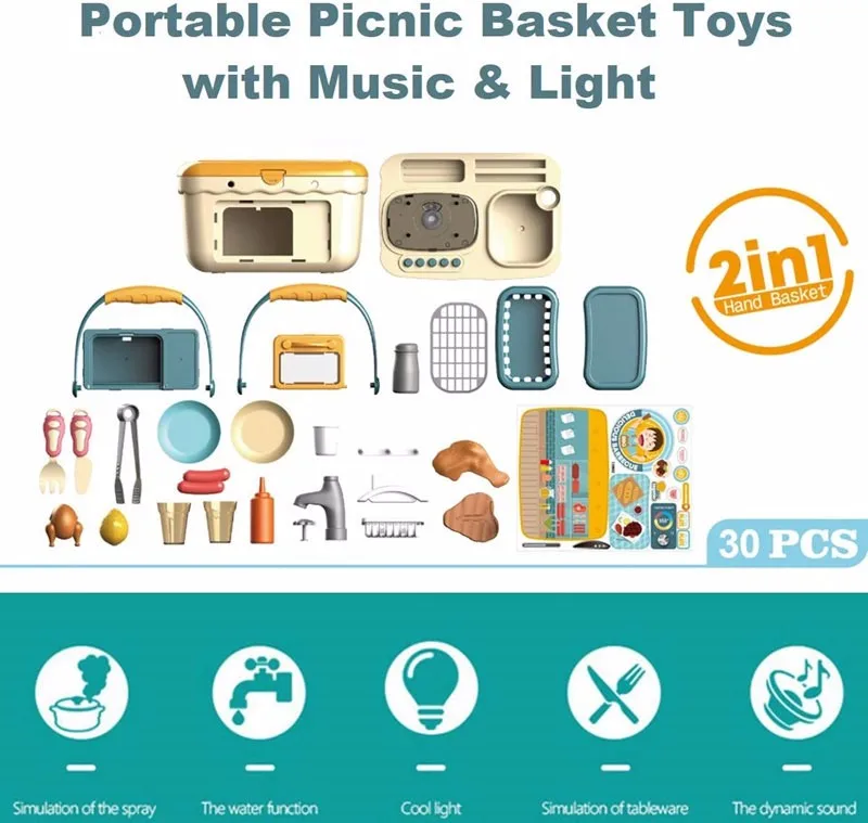 Panier de cuisine pour enfants, ensemble de jeu pour barbecue, pique-nique Portable, jouets avec musique et lumières, jouets de cuisine pour filles