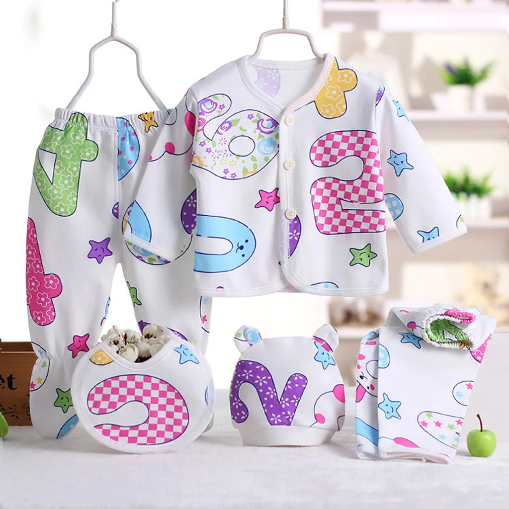 5PCS Newborn Baby Boys Girls Cartoon Print Long Sleeve Tops+Hat+2PCS Pants +Bib Outfit Set Casual Baby Clothes комплекты одежды