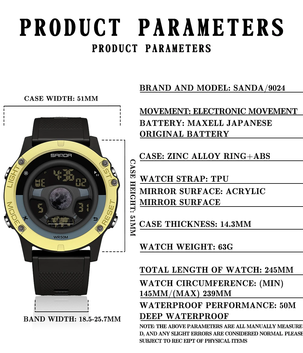 SANDA 9024 Steering Wheel Design Outdoor Sport Watch Men Multifunction Watches Alarm Clock 5Bar Waterproof Digital Reloj Hombre