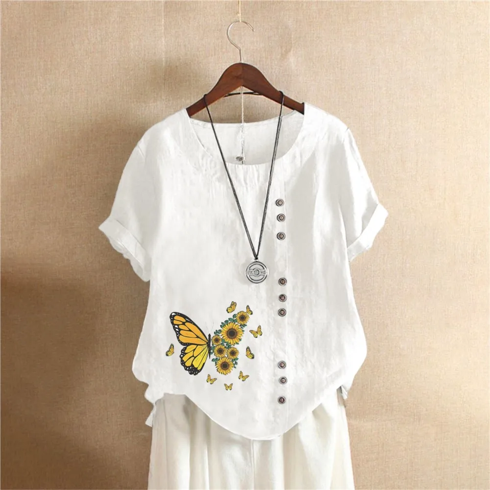 

Женская блузка с принтом бабочки, топы, лето 2025, повседневная свободная футболка в стиле ретро из хлопка и льна с короткими рукавами, пуловер для женщин Y2K