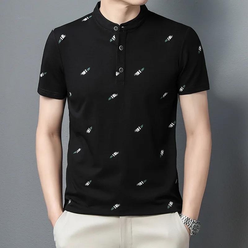 2023 Summer New Casual Business Men Polo Shirt Fashion Collarless Mens Short Sleeve T-shirt Pure Cotton Comfortable Male Top