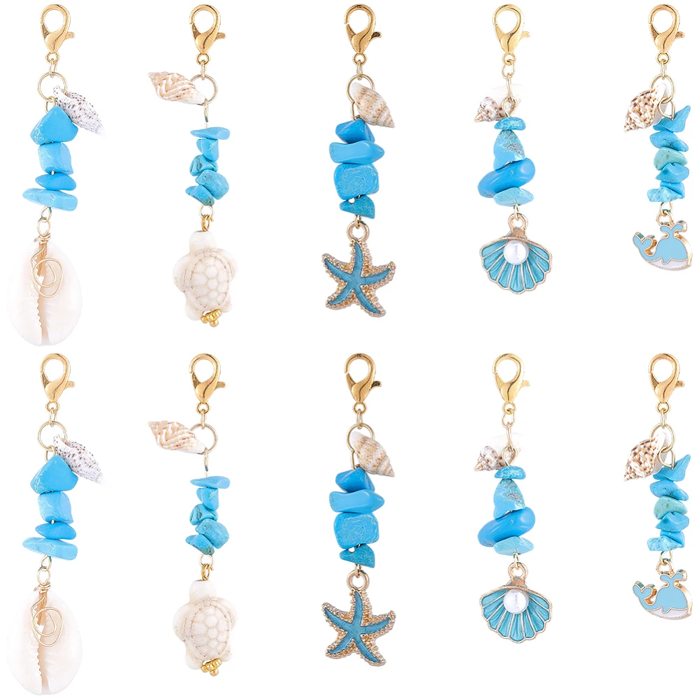 25Pcs 5 Styles Sea Animal Charms Shell Starfish Turtle Pendants with Turquoise Beads Alloy Lobster Claw Clasps Pendant Set
