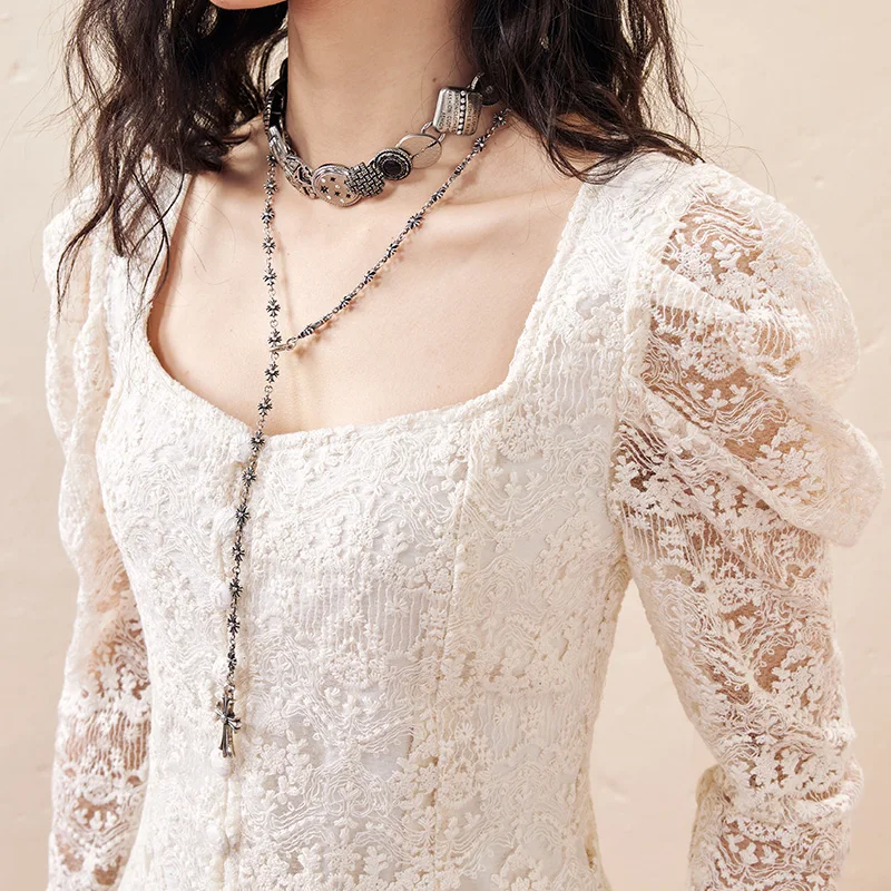 ARTKA 2023 Autumn New Women Blouse Elegant Palace Style Lace Embroidery White Shirt Lace Long Sleeve Square Neck Shirts SA92238Q