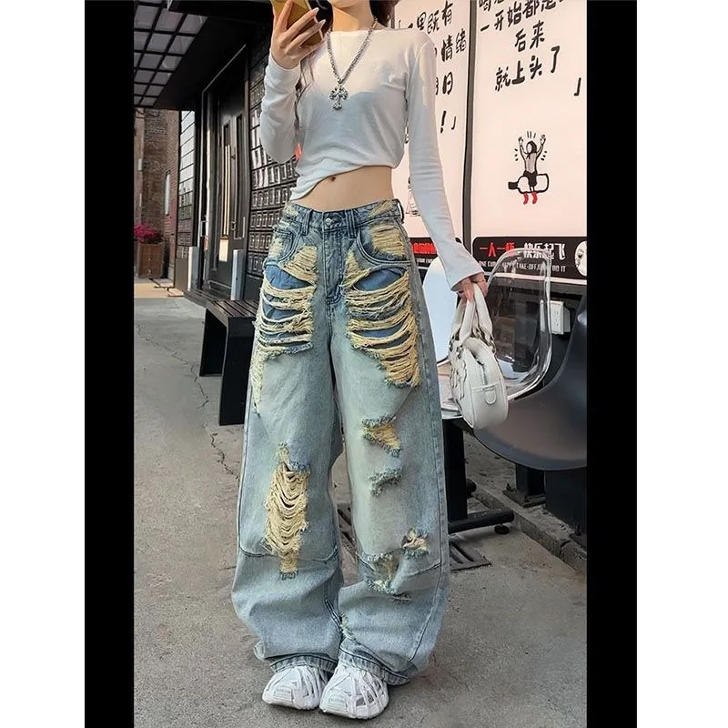 سراويل جينز ممزقة عصرية من Street Hottie Beggar للسيدات من High Street Retro فضفاضة ورقيقة واسعة الساق