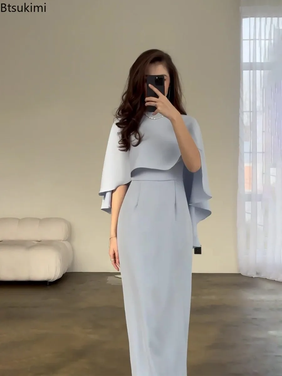 Wiosenna Nowa Damska Sukienka Maxi z Satyny w Jednolitym Kolorze, Elegancka Sukienka z Dekoltem O-neck, Nietoperzowymi Rękawami i Szalowym Wstawką, Elegancka Sukienka na Imprezę z Charakterem, Vestidos