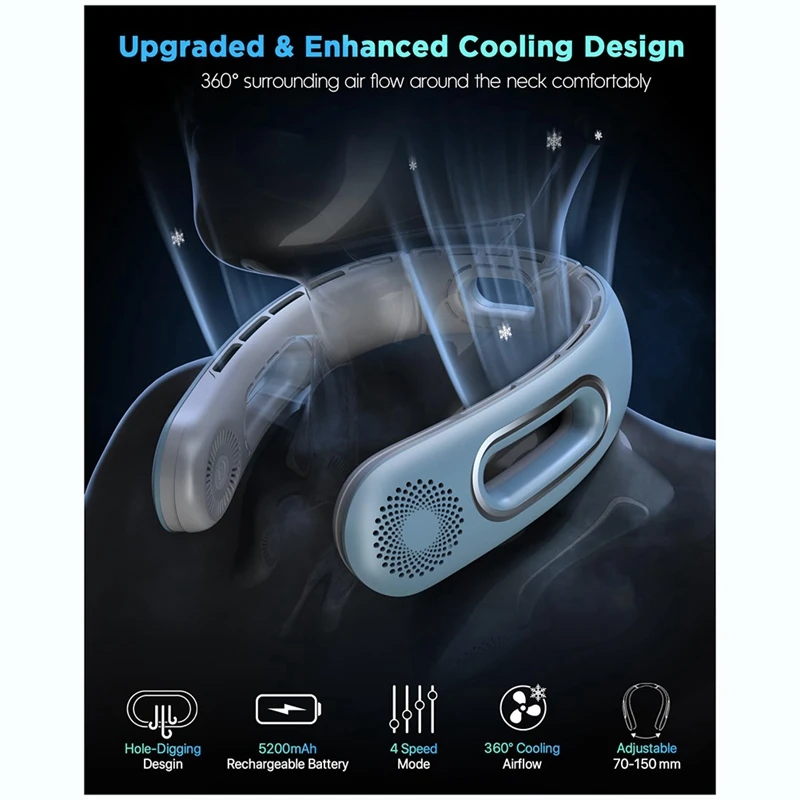 Ventola AD-collo, ventole da collo senza lama a mani libere ricaricabile portatile, ventola da collo con raffreddamento a 360 °, per viaggi, all'aperto