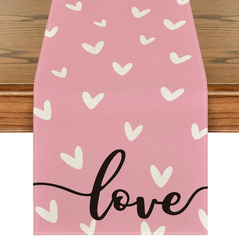 Valentine's Day Pink Love Heart Linen Table Runners Holiday Party Decor Anniversary Dining Table Runners Wedding Decorations