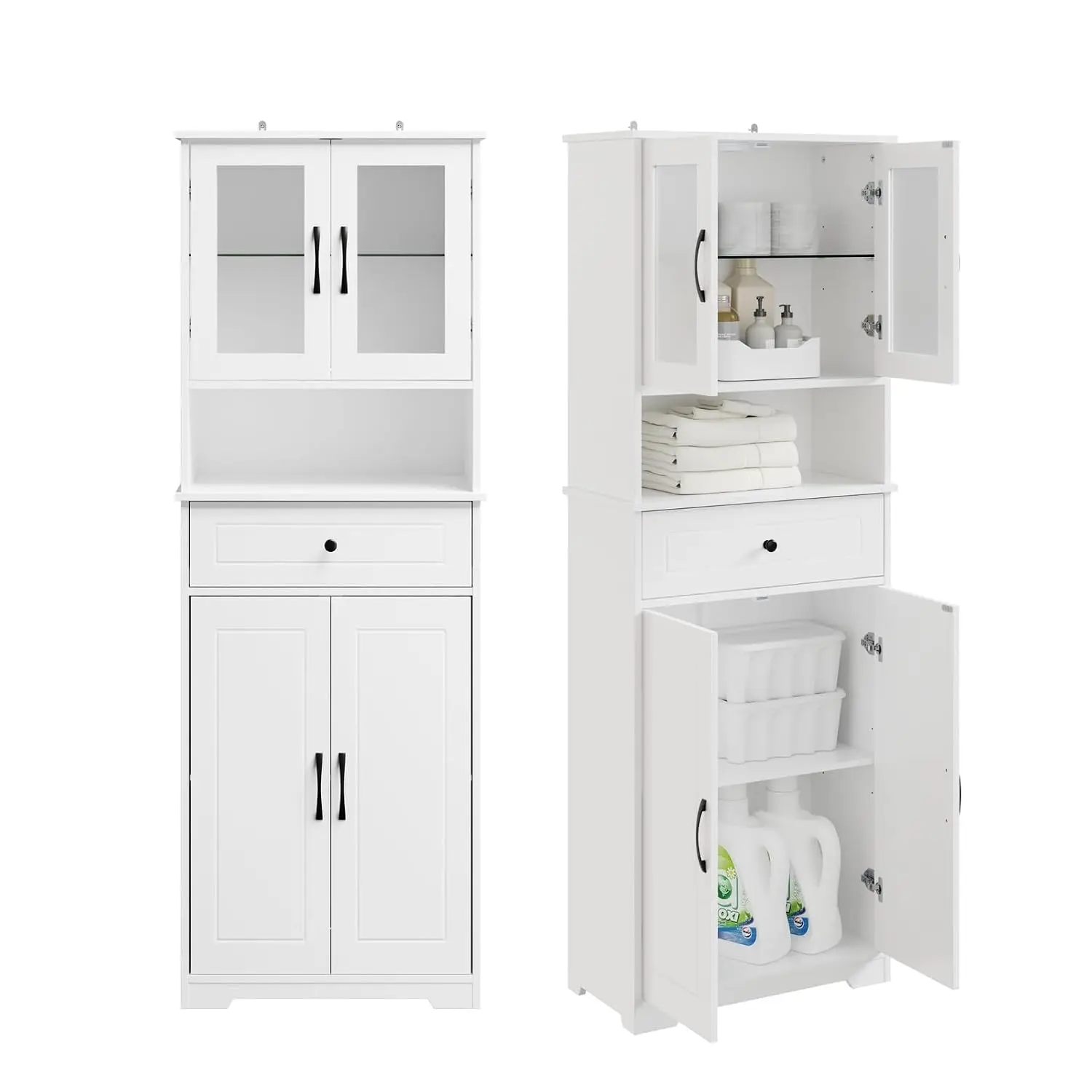 Bathroom Tall Storage Cabinet with Motion Sensor Light, Freestanding Organizer with 2 Doors Drawer Shelf, Customized