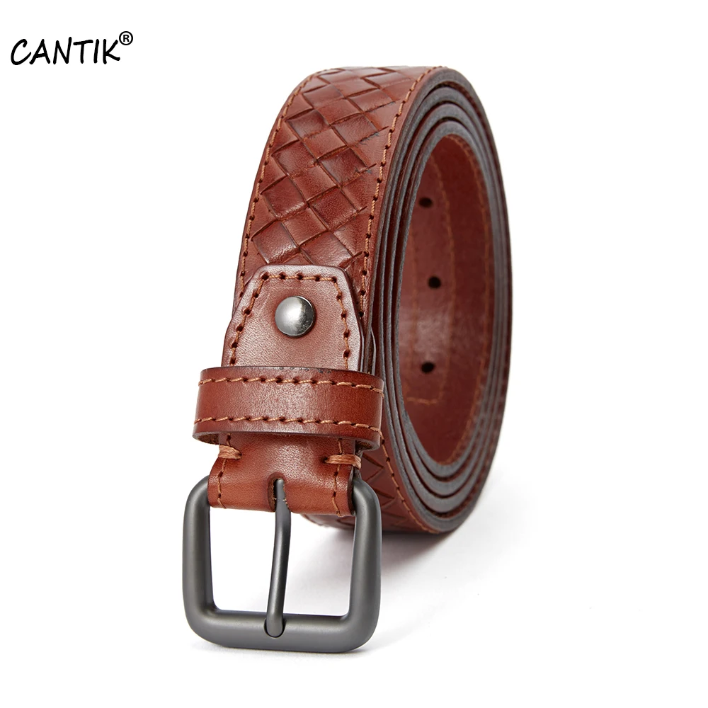 

CANTIK Men's Retro Styles Pin Buckle Belt Top Quality Weave Cow Skin Genuine Leather Belts Jeans Accessories for Men 3.5cm Wide