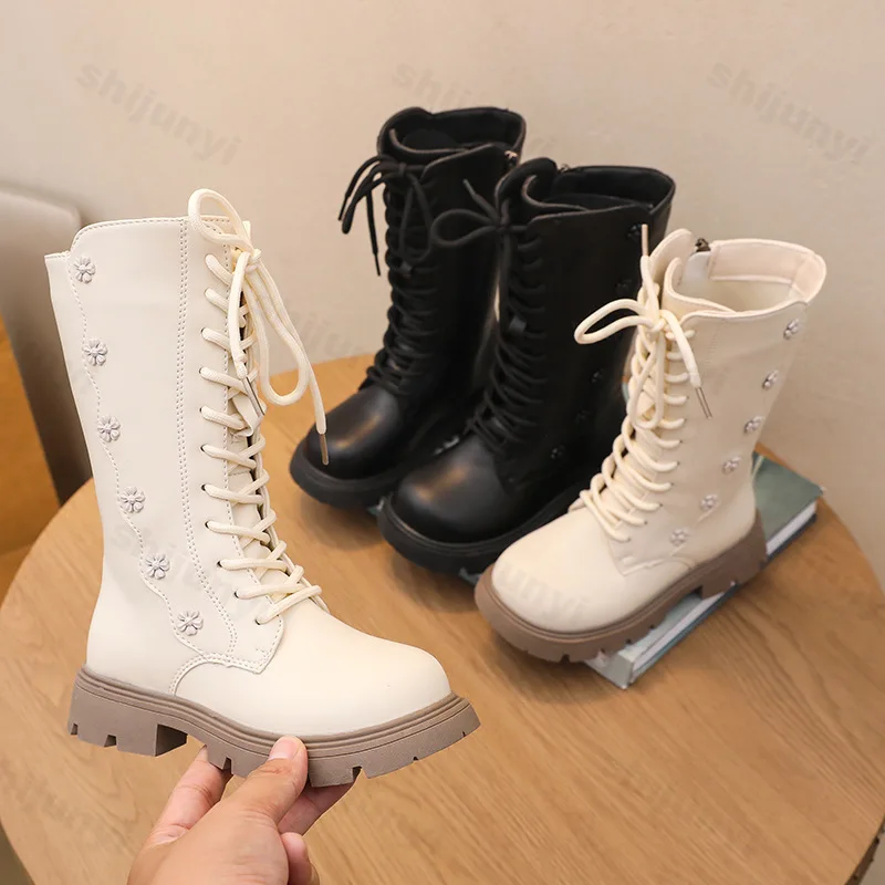 Autumn Children Knee Length Boots New 2025 British Girls Princess Boots Kids Zipper Comfortable Non Slip Flower Long Boots
