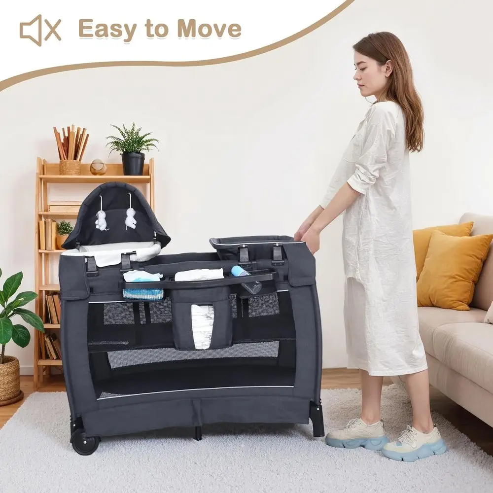 Alles-in-één opvouwbare speelplaats met commode en gaas voor baby's en peuters, grijs