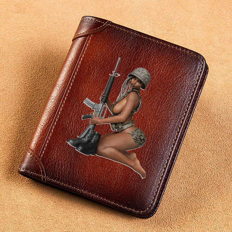 

High Quality Genuine Leather Men Wallets Military Sexy Girl Design Printing Short Card Holder Purse Luxury Brand Male Wallet