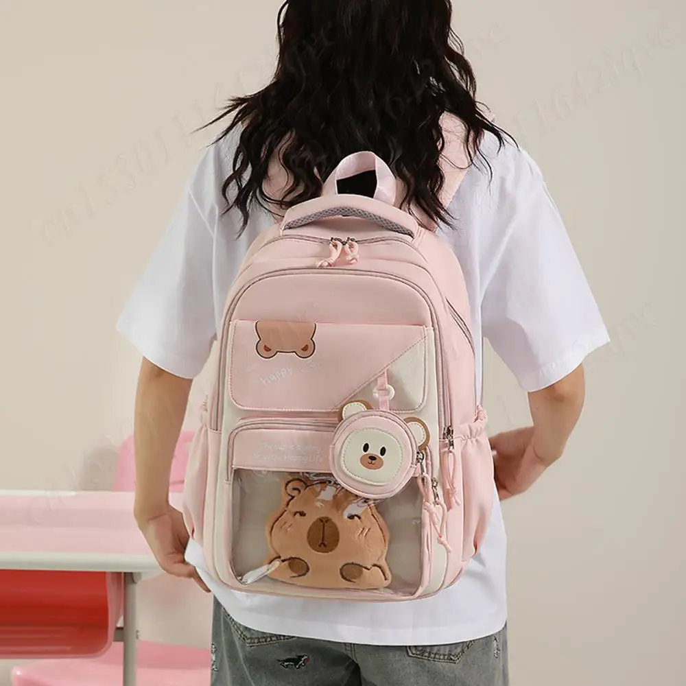 

Student Capybara Backpack Large Capacity Casual School Bag Transparent Compartment Nylon Cute Bookbag Travel Laptop Rucksack