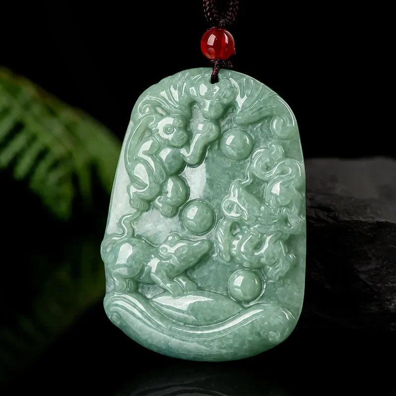 

Burmese Jade Chinese Zodiac Pendant Luxury Natural Amulet Emerald Green Man Vintage Jadeite Jewelry Necklace Men Carved