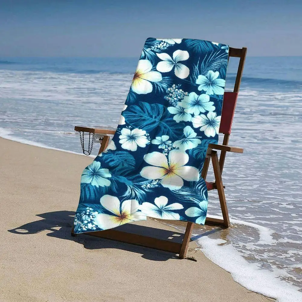 Blue Plumeria Beach Towel, Tropical Plumeria & Monstera Leaf Print Oversized Bath Towel, Soft Quick Dry Summer Beach Blanket