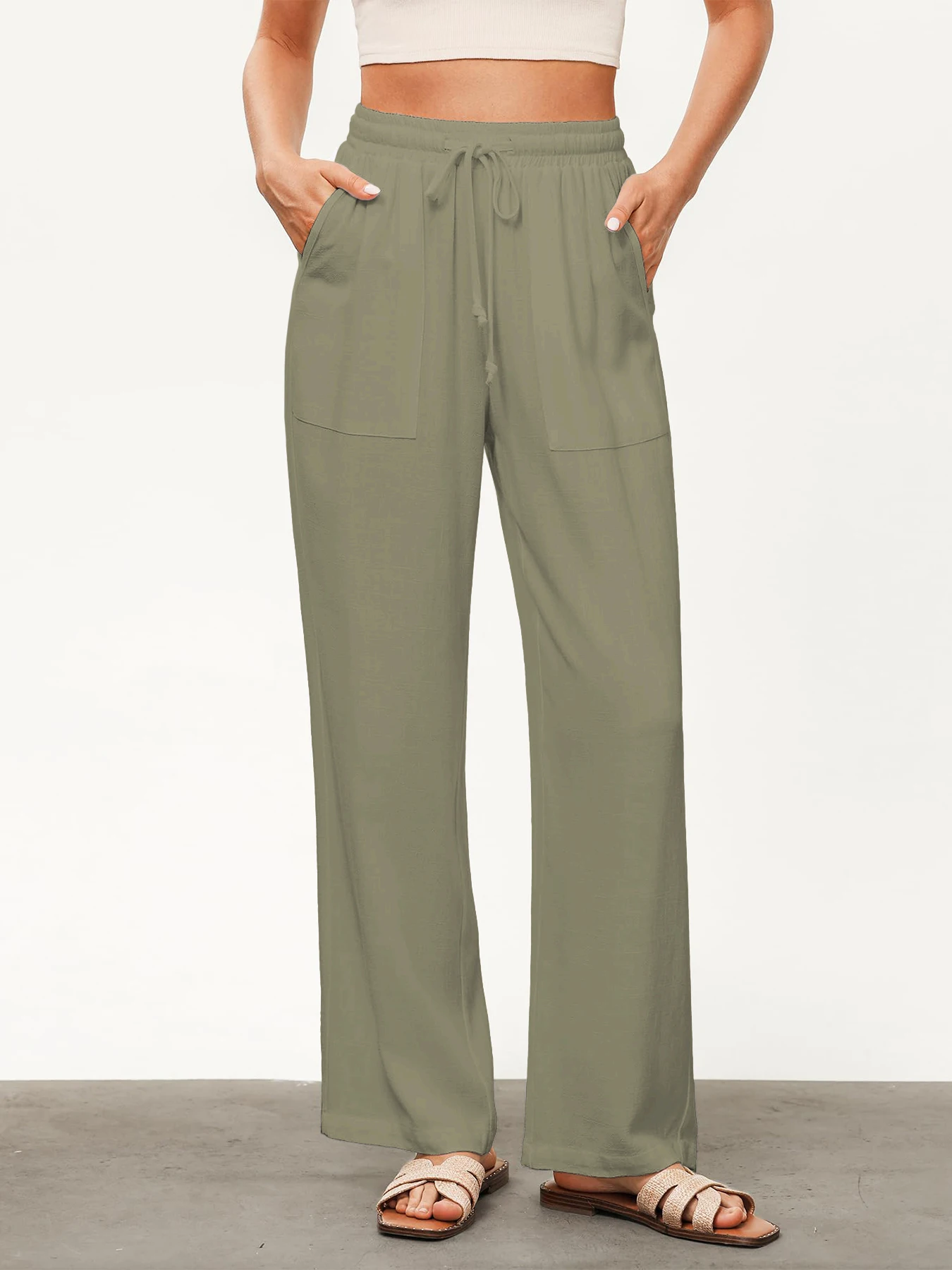 Einfarbige, lockere, weit geschnittene Hose für Damen, lässige, gerade Hose mit Kordelzug, lässige Hose mit Taschen, lockere Hose mit hoher Taille – Detail 14