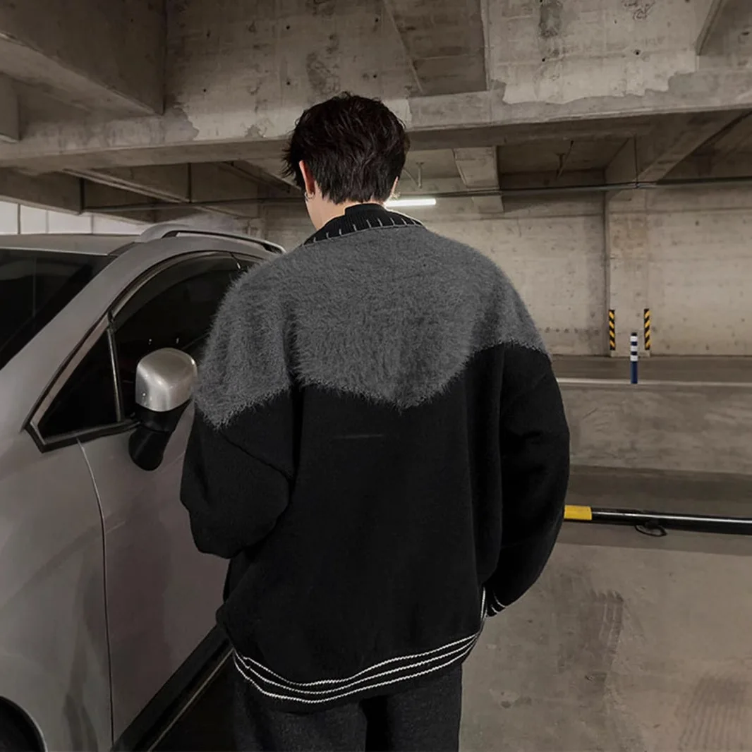 Men Knitted Cardigan Sweaters Patchwork Jumpers Single Breasted Long Sleeves Turn Down Collar Loose Casual 2025 Autumn Winter