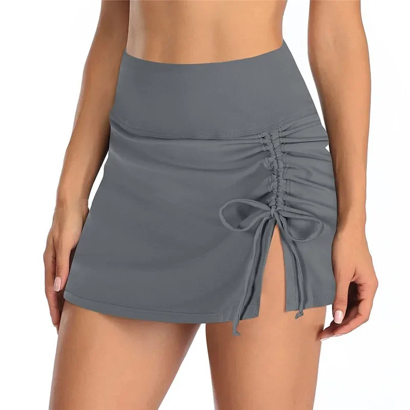 Solid High Waist Bikini Cover Up Women Ruched Side Slit Drawstring Sports Yoga Swim Skirt 2025 Quick-Dry Breathable Mini Skirts