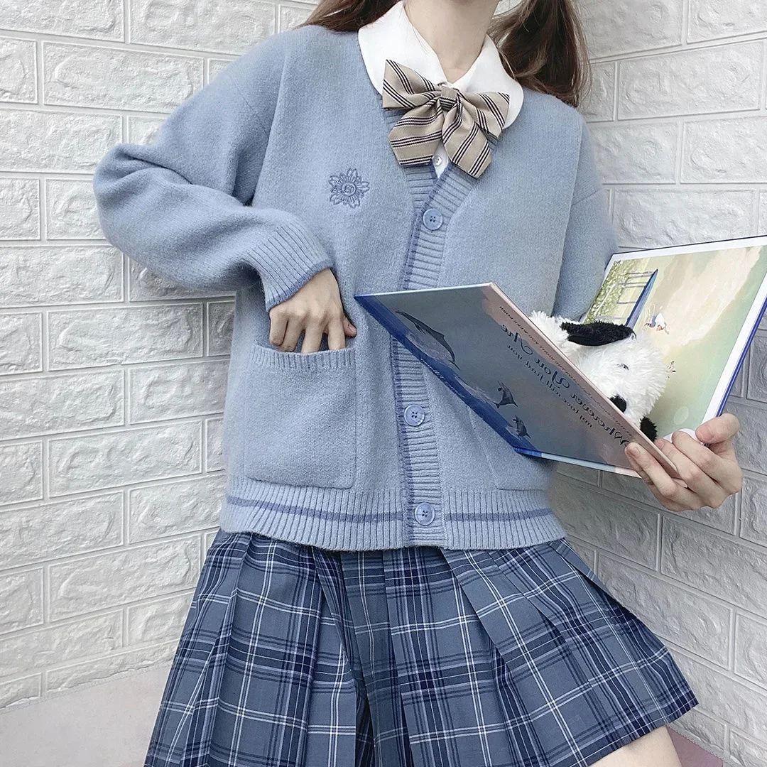Women's V-neck Long Sleeve Knitted Sweater Cotton Cardigan Loose Fit Student Jacket JK Uniform Inspired Lazy Girl Style New Arri