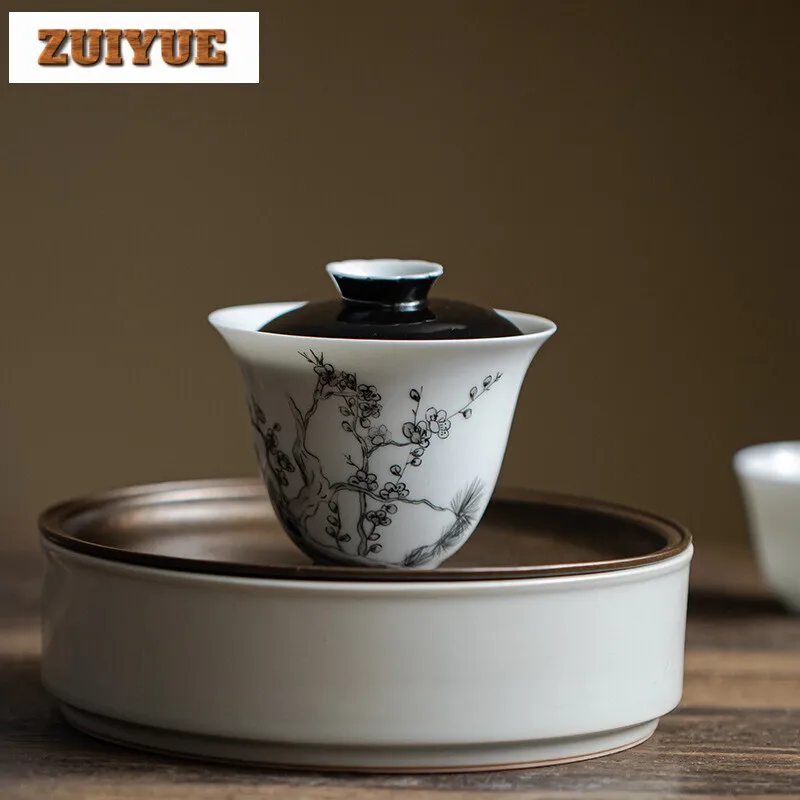 

120ml Pure Hand-painted Ink Plum Gaiwan Handmade Jade Mud Thin Tire Tea Tureen Tea Maker Cover Bowl Luxury Tea Services Gift