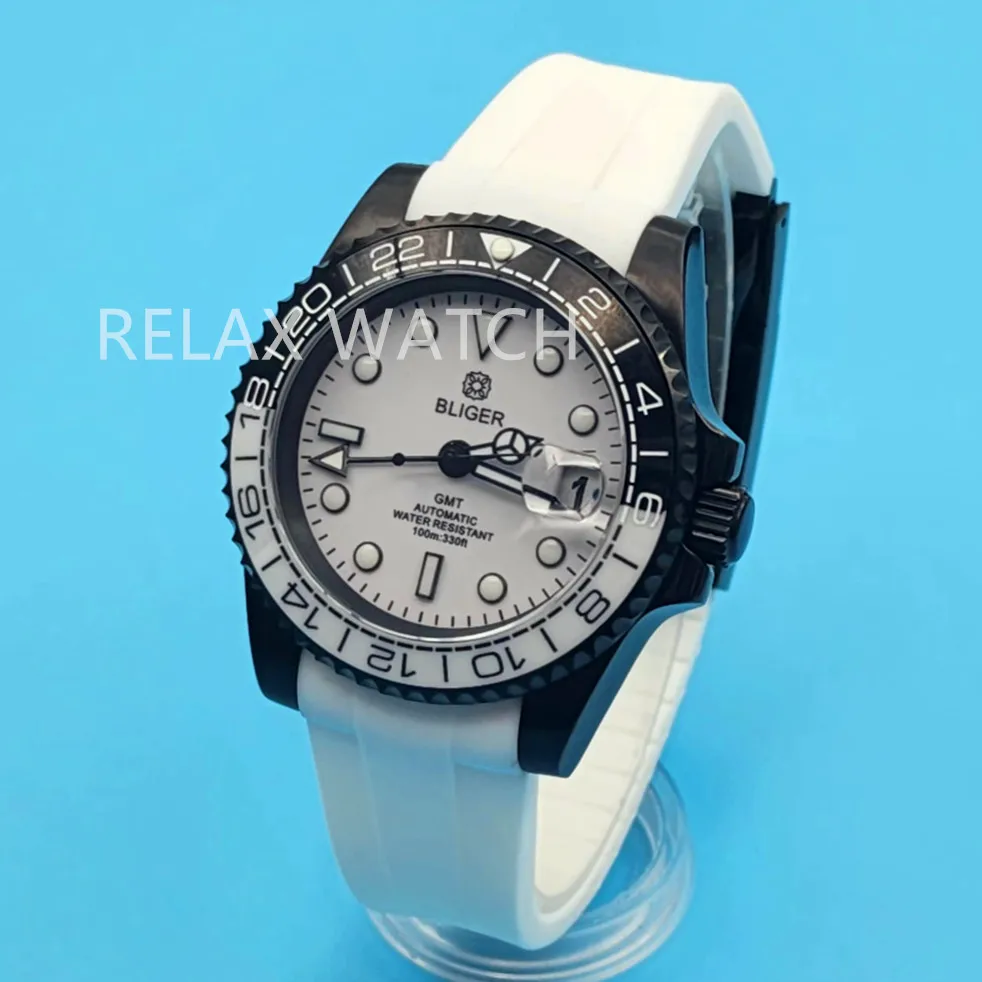 40MM Dual Time Zone Display Sapphire Glass Stainless Steel Watch Japan NH34 GMT Automatic Movement Greenwich Time Rubber Strap