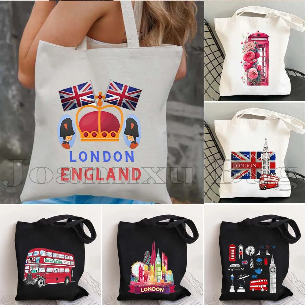 

London England Skyline Reusable Cotton Tote Bag United Kingdom Bus Big Ben Trip Travel Tourist Women Handbag Canvas Shoulder Bag