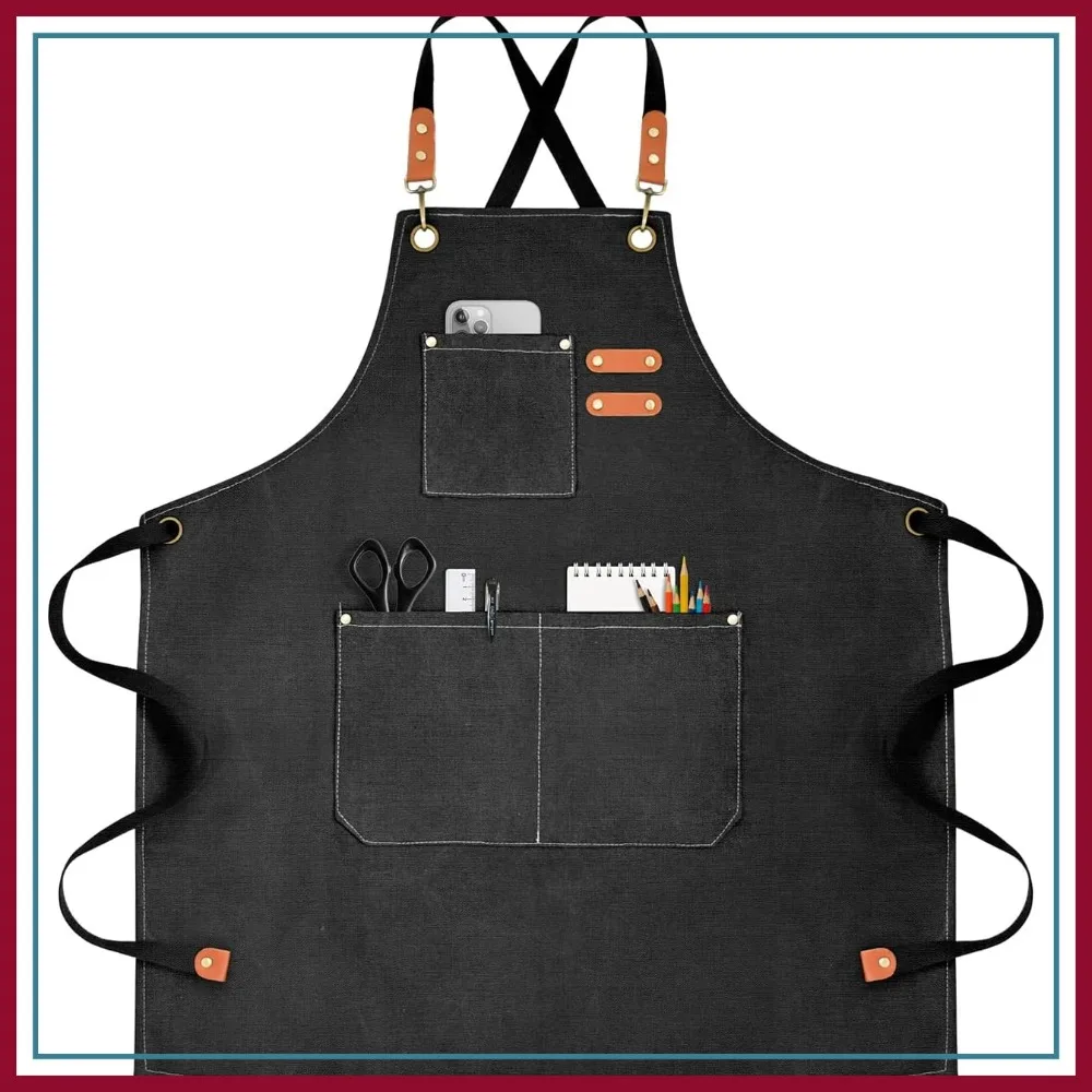 

Canvas Chef Apron for Men Women, 3 Pockets Cross Back Adjustable Cooking Apron