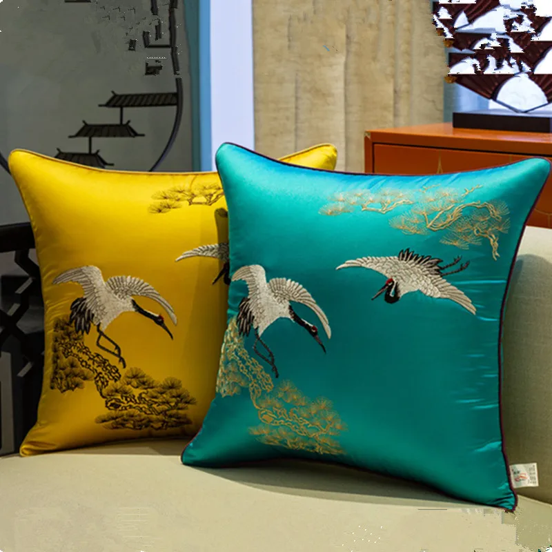 Crane Embroidery Pattern Design Pillow Case Soft Satin Luxury Embroidery Cushion Cover 45*45CM Sofa Bed Decorative Pillow Cove