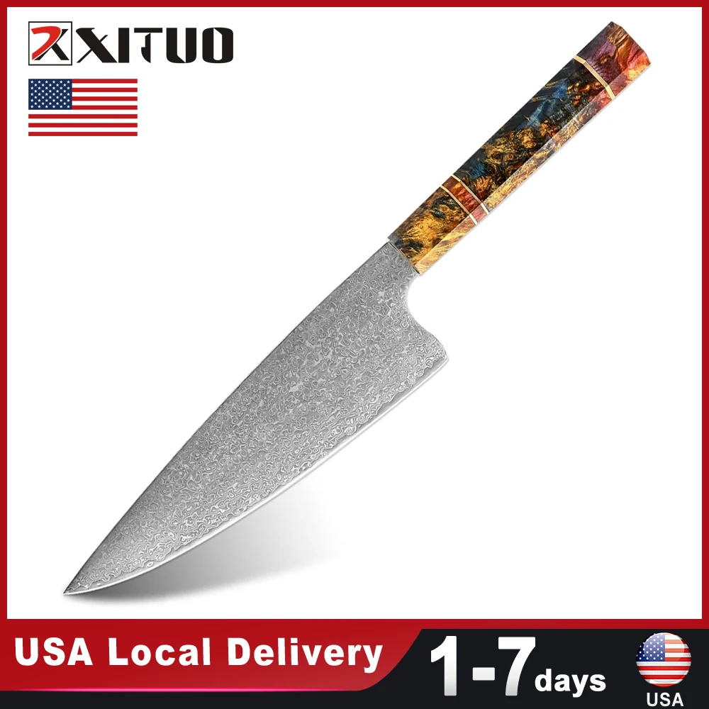 USA Warehouse Fast Shipping 8 Inch Damascus Steel Butcher Knife Octagonal Stabilized Wood Handle Kitchen Stainless Steel Sharp