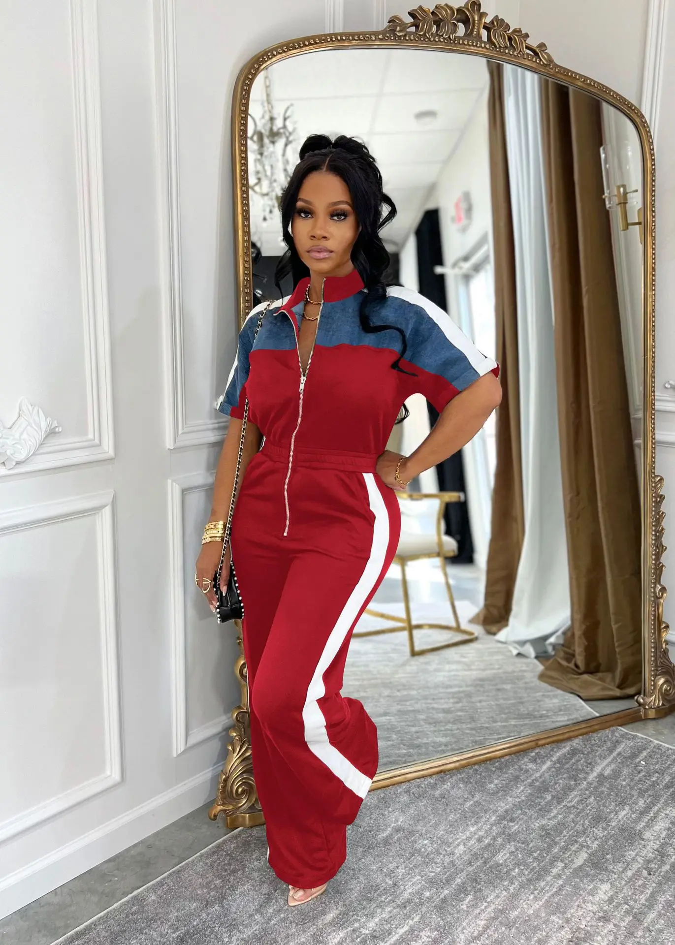 Vrouwen Rits Korte Mouw Wijde Pijpen Jumpsuits Zomer Denim Patchwork Straat Vakantie OL Night Party Eendelig Pak Romper