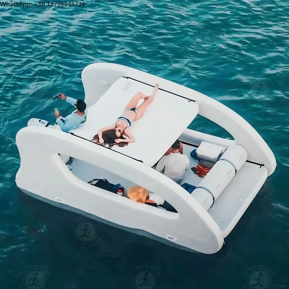 

Inflatable House Boat Float Island Luxury Style Portable Catamaran For Lake And River Optional engines, solar panels batteries