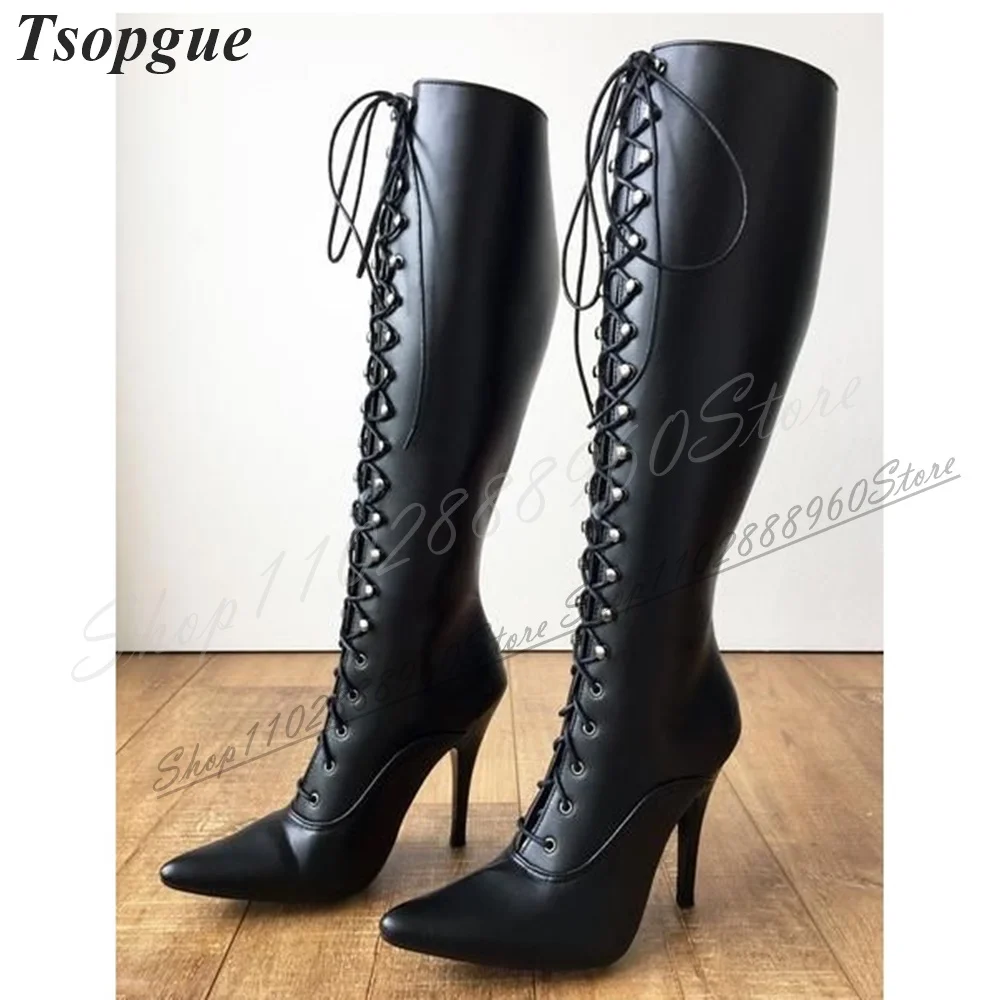 

Knee High Black Cross Tied Matte Leather Boots Thin High Heel Shoes For Women Pointed Toe 2024 Fashionable Zapatos Para Mujere