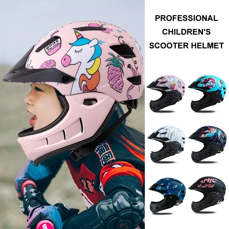 Kids Scooter Helmet Children Full Face Cycling Roller Skating Skateboarding Head Protector Anti Fall Safety Helmet Detachable