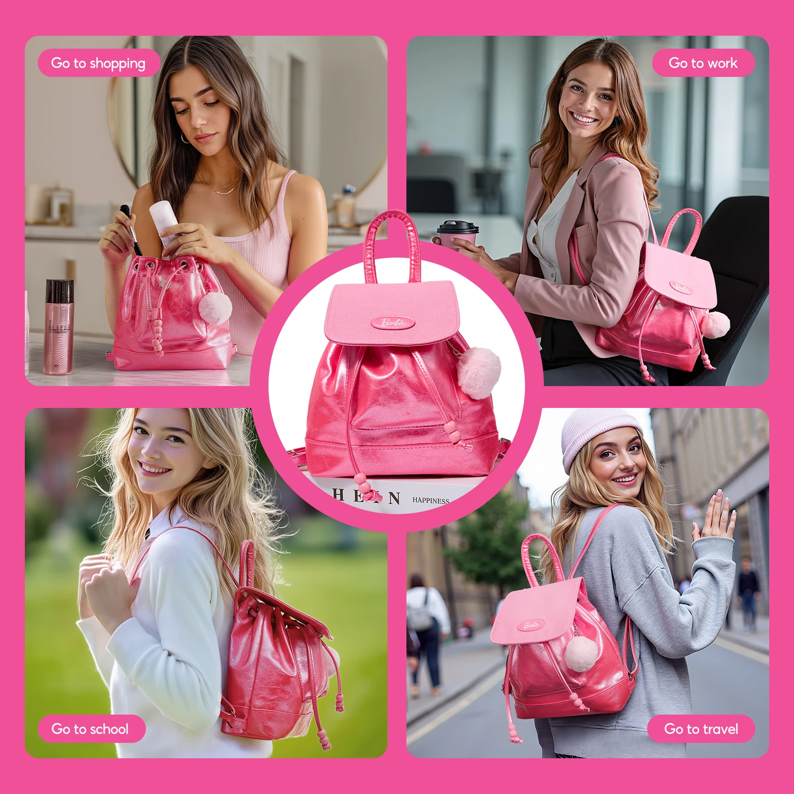 Barbie Pink Mini Backpack Drawstring Rucksack Cute Fashion Shoulder Bag with Flap Closure Pom Pom Charm Casual Travel Daypack