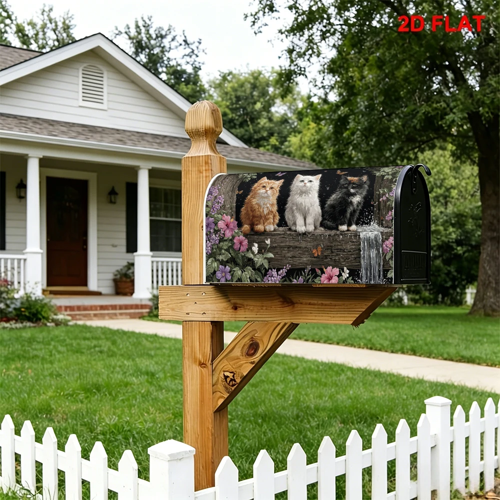 Three Cute Kittens Mailbox Cover, Flowers Butterflies Waterfall Scene Mailbox Decor