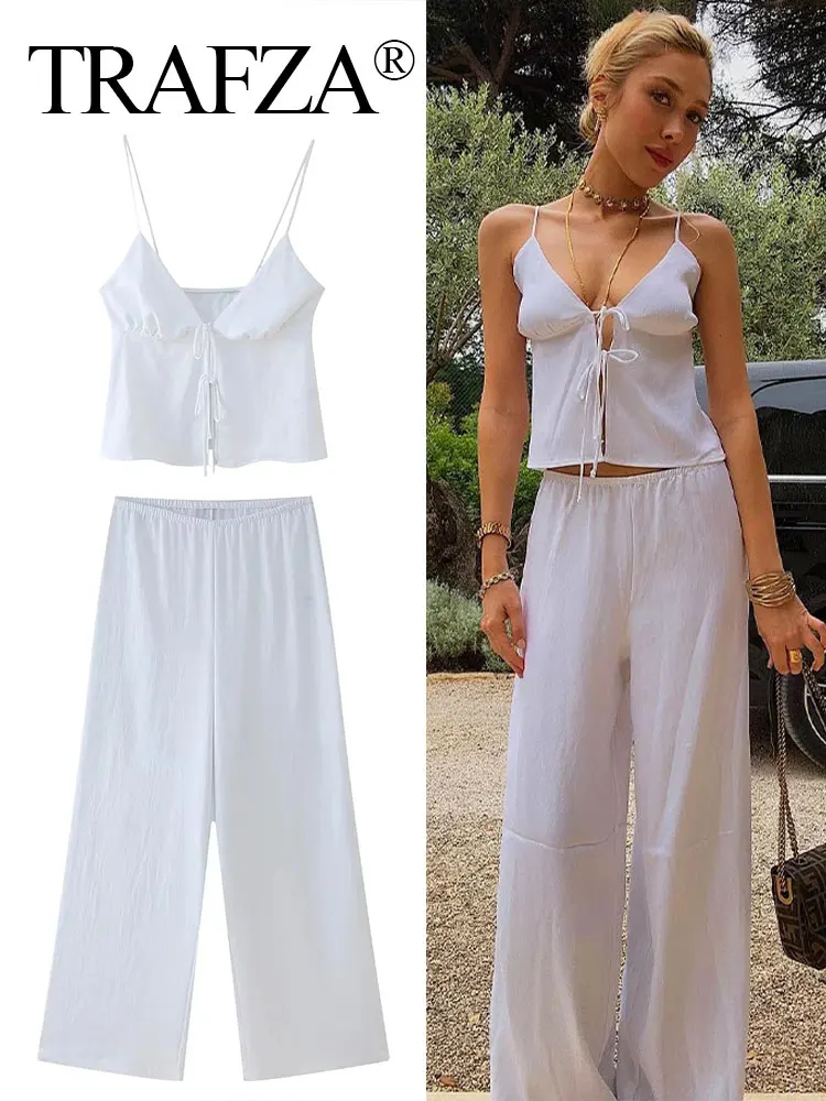 

TRAFZA 2024 Summer Women's Trouser Set V-Neck Spaghetti Straps Camis Top + Elastic Waist Chic Pockets Woman Wide Leg Long Pant