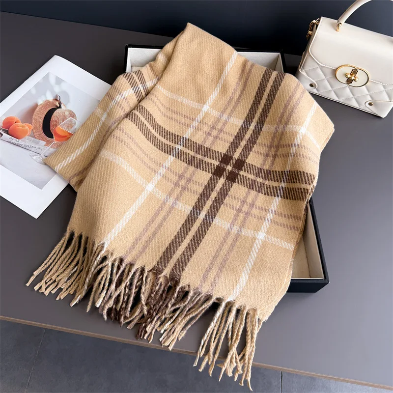Luxury Plaid Scarf Print Hijab Shawl Bandana Cashmere Pashmina Wrap Women's Head Wrap Neckerchief Female Tassel Winter Headwear