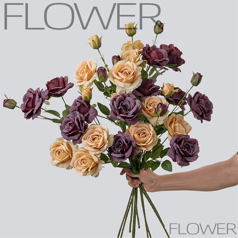 

3Heads Faux Rose Branch 10 Pcs Mixed Blooms & Buds,Artificial Silk Flowers&Fake Greenery,Indoor Outdoor Wedding Home Room Decor