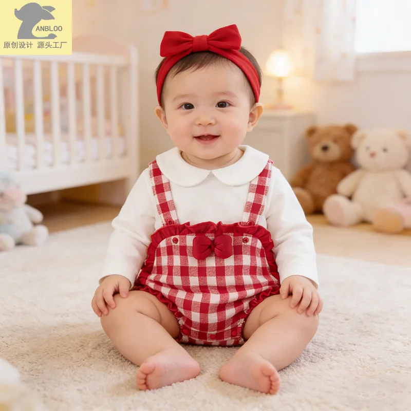 

Spring New Girls Baby Clothes Cute and Sweet Straps Bag Fart Clothes Newborn Clothes Girls Baby Plaid Rompers