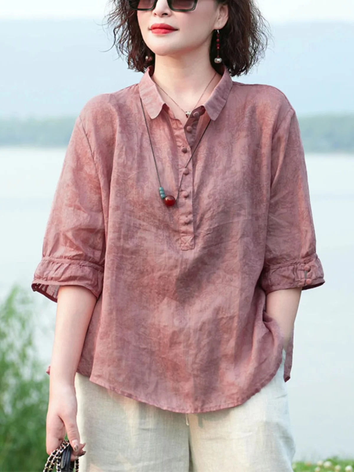 

Women's Cotton Linen irt Lightweight Summer New Faion ort Sve Casual Sle Pure Color Button up Stand Collar Blouse
