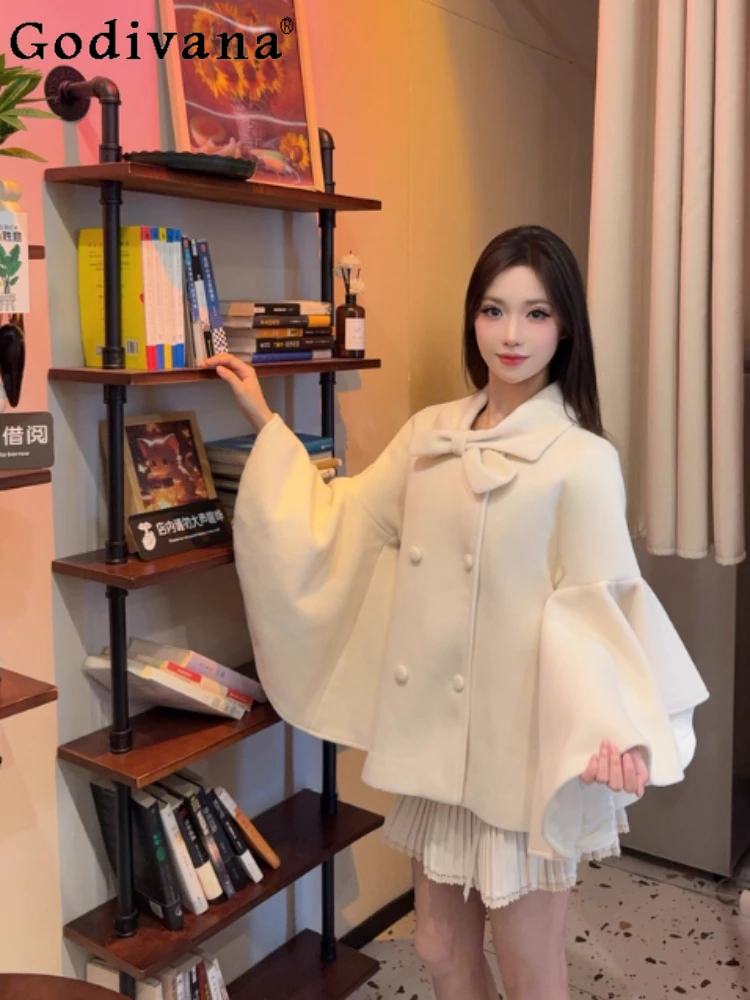 

Winter New Thickened Warm White French Style Sweet Girl Wool Coat Japanese Original Lolita Bowknot Cape Jacket