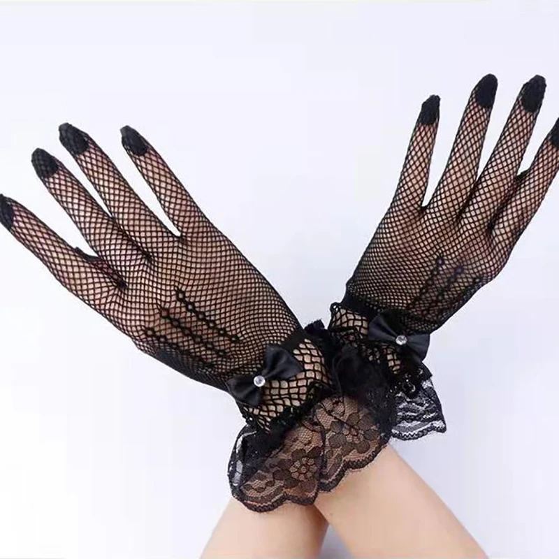 1Pair Lace Mittens Full Finger Girls Lace Fashion Gloves Women Black White Summer Uv-proof Driving Gloves Mesh Fishnet Gloves