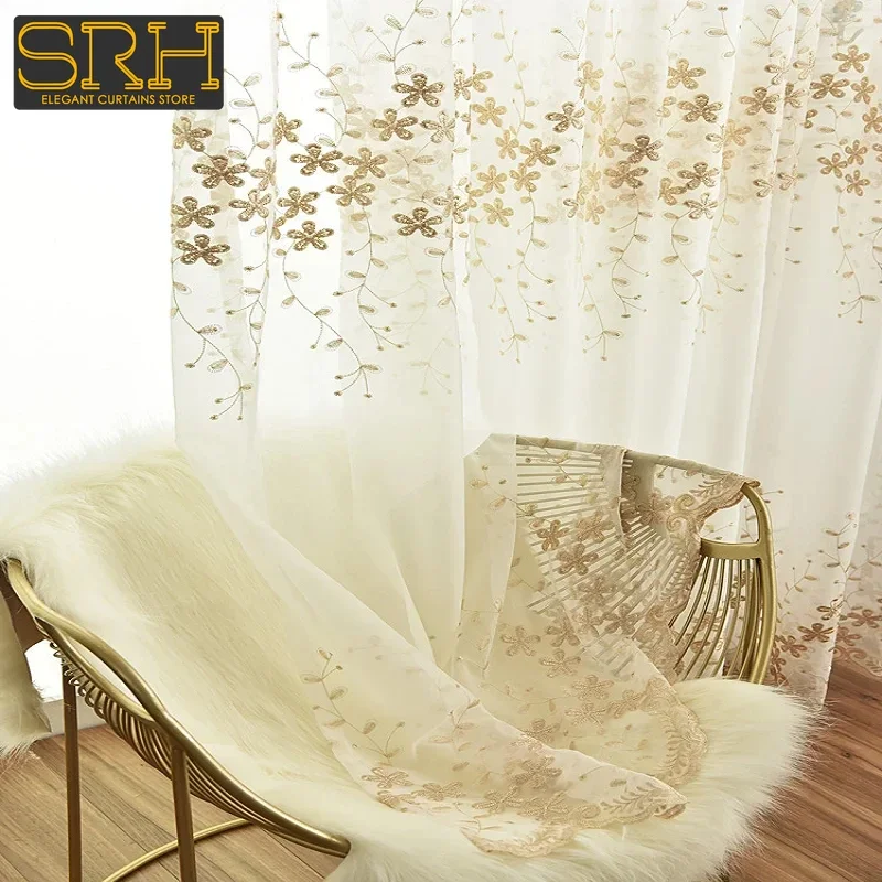 

French Embroidery Tulle Bedroom Bay Window Living Room Curtain Blackout Decoration Luxury Gold Flower Window Screen Custom New
